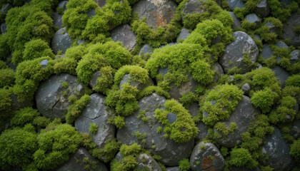 Lush green moss covering rocks in an outdoor natural setting with a focus on texture