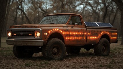 Vintage pickup truck with solar panels illuminated at dusk in a forest clearing