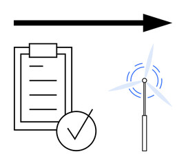 Clipboard checklist with a tick mark, rotating wind turbine, and bold directional arrow. Ideal for sustainability, renewable energy, goal setting, planning, progress, efficiency abstract line flat