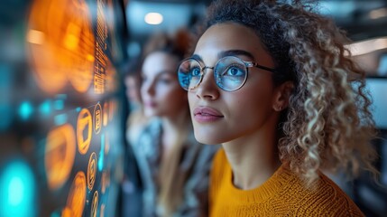 Young woman analyzing data on a digital screen with colleagues in a modern workspace during the day