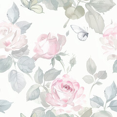 Seamless Delicate watercolor design featuring pastel roses and butterflies