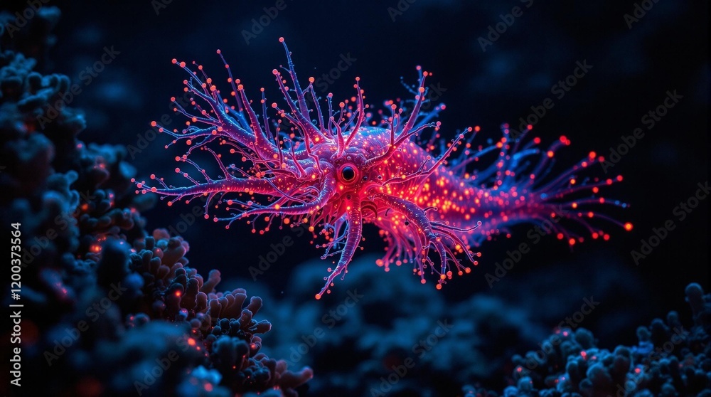 Poster microscopic view of a spider's silk, with red and blue lights highlighting its intricate structure. 