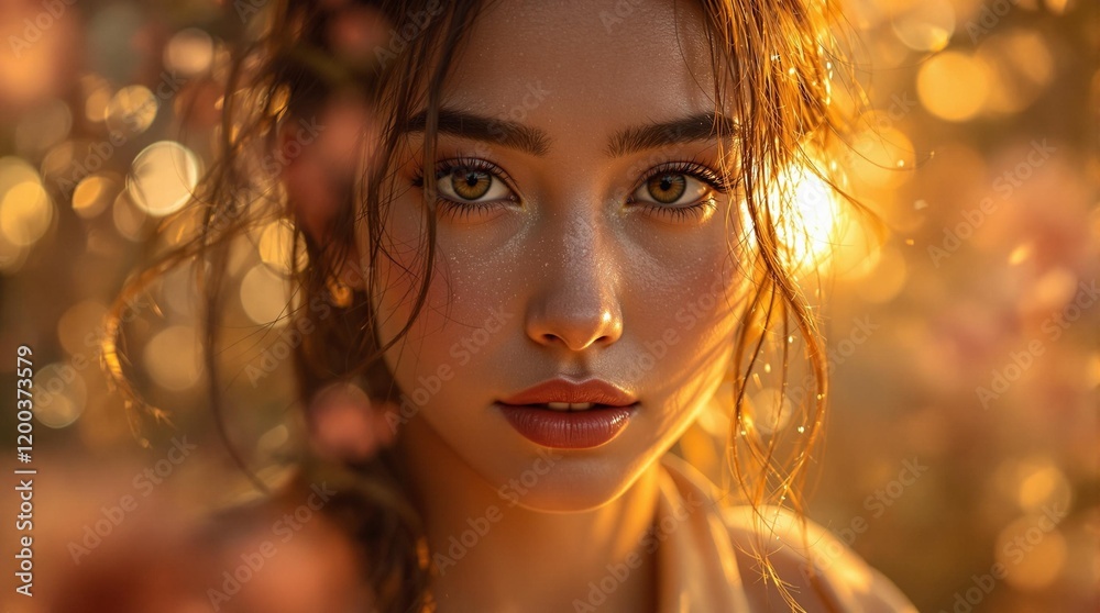 Poster a person with curly hair, standing in a field with golden light, creating a warm and serene atmosphe