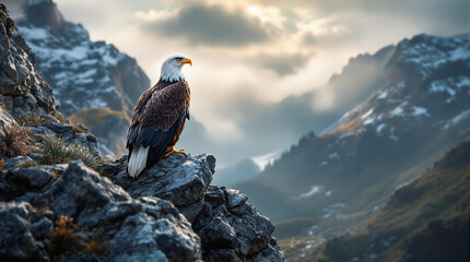 A majestic bald eagle is perched on a rocky outcropping, overlooking a stunning mountainous landscape bathed in golden sunlight.