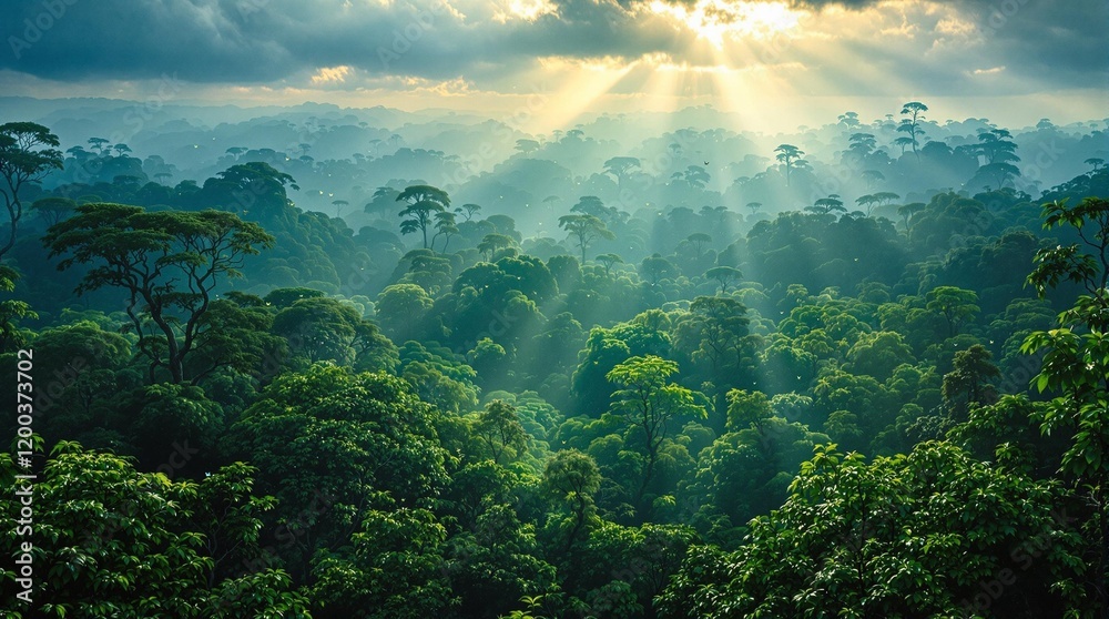 Aufkleber lush, green forest with sunlight filtering through the trees, creating a serene and vibrant atmosphe