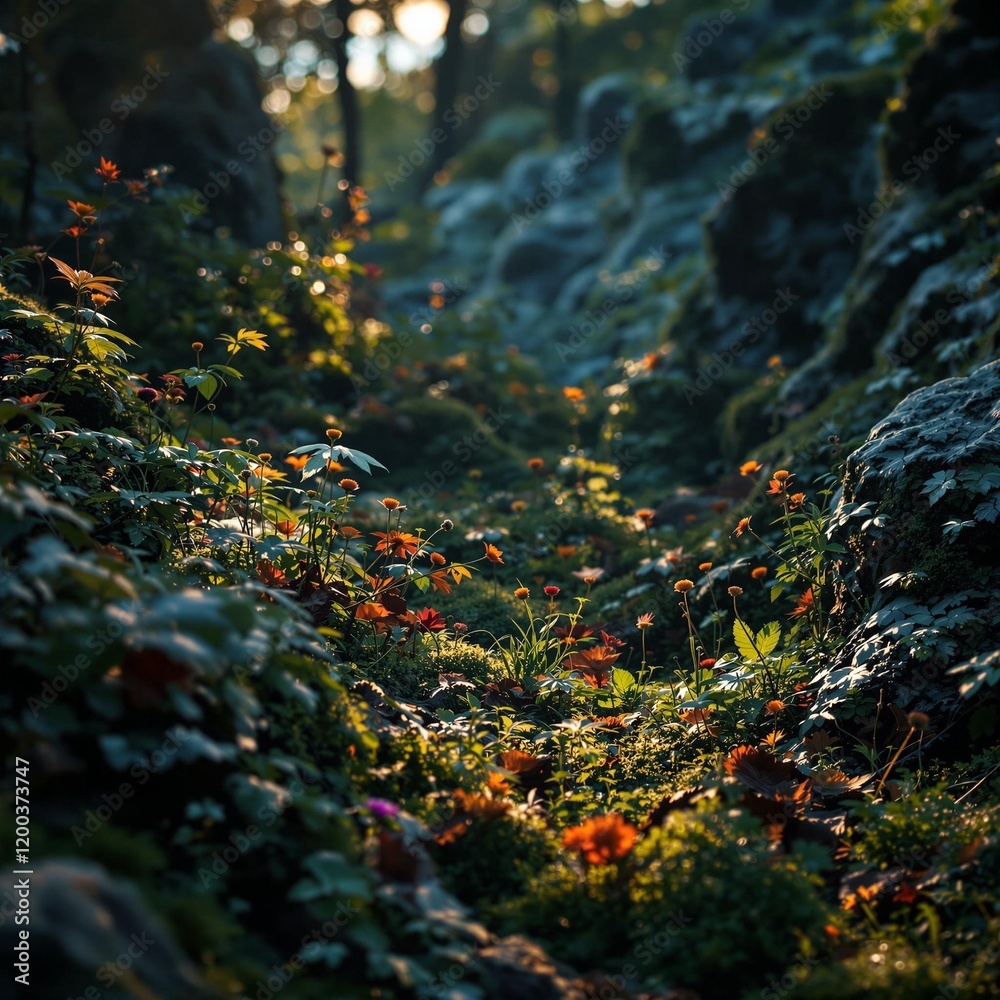 Poster a lush green forest with sunlight filtering through the trees, casting a warm glow on the forest flo