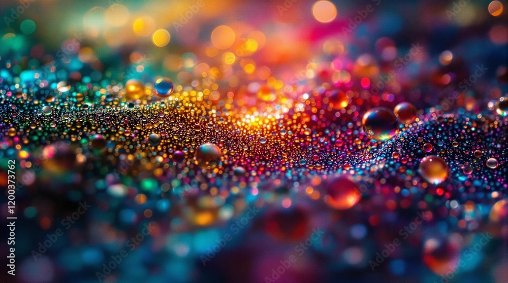 Aufkleber vibrant, abstract landscape with a dynamic flow of colors transitioning from deep blues to bright oranges and reds. The scene is dotted with numerous tiny, colorful droplets that appear to be floating