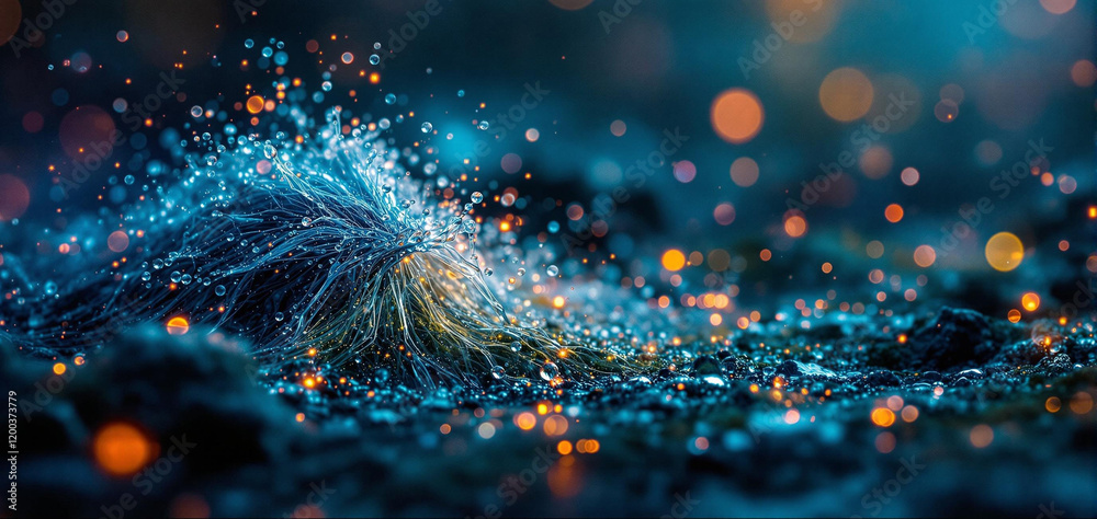 Poster close-up view of a wet surface with droplets and particles, creating a dynamic and textured appearance. The colors are primarily shades of blue and orange, giving the scene a vibrant and energetic fee