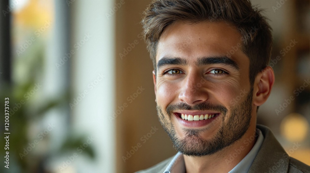 Poster a man with short hair and a beard, wearing a jacket and a collared shirt, smiling while standing in 