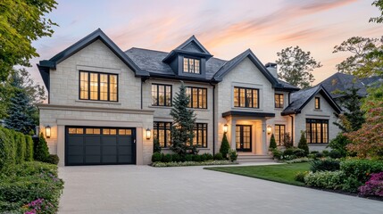 An elegant home with ivory stone exteriors, sleek black-framed windows, and a deep gray garage door