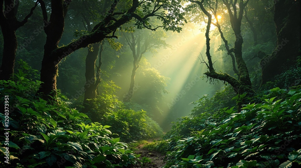 Aufkleber serene forest scene with sunlight filtering through the trees, creating a dappled light effect on the forest floor. The forest is lush with green foliage, and the overall atmosphere is tranquil and na