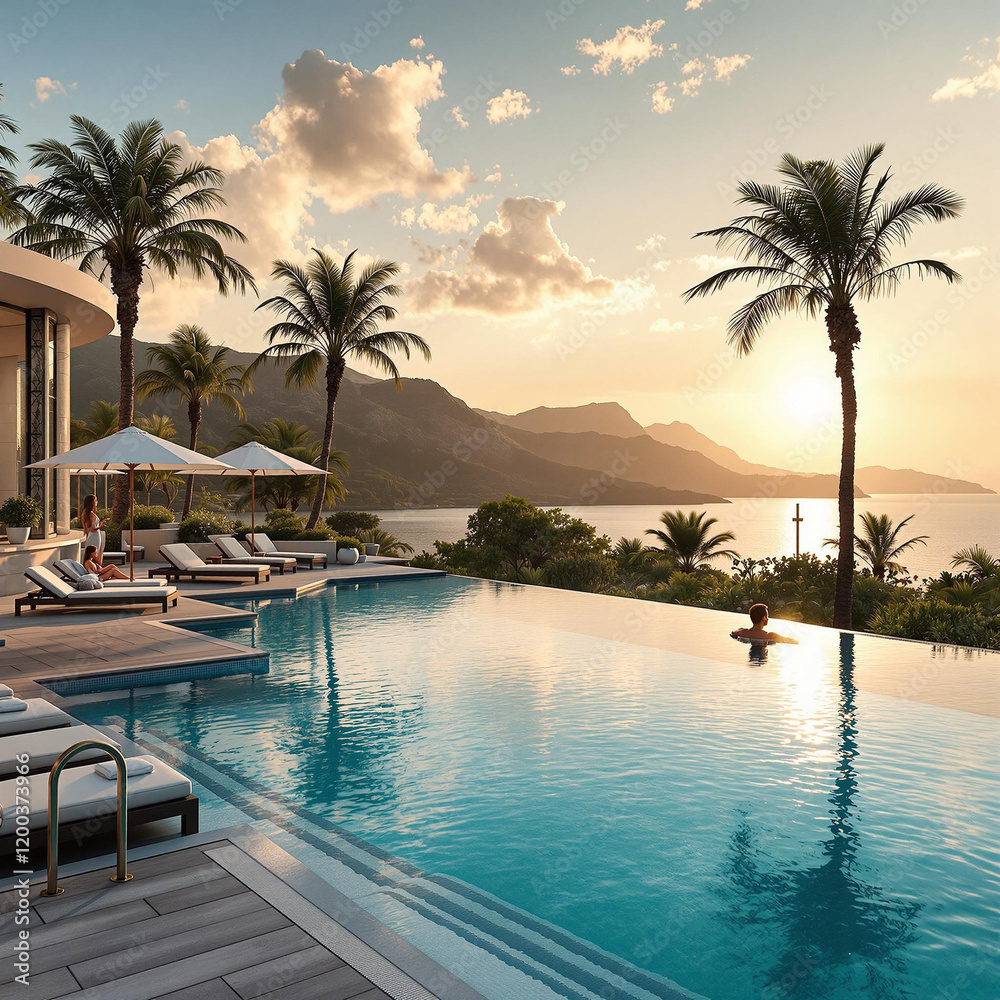 Poster luxurious outdoor pool with lounge chairs and umbrellas. the pool is surrounded by palm trees, and t