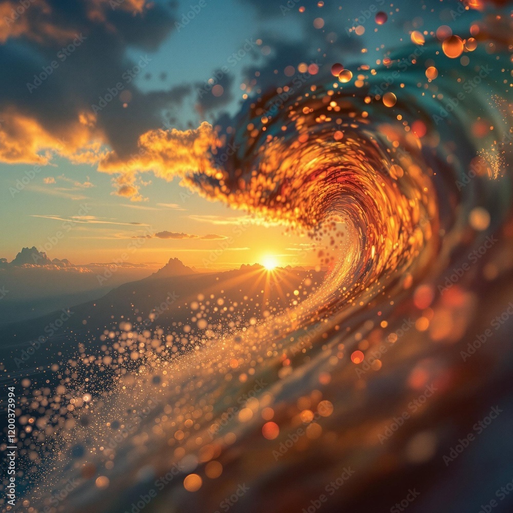 Poster surreal, vibrant wave with an orange and yellow gradient, resembling a fire-like appearance, set aga