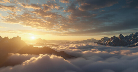 breathtaking mountainous landscape with a sea of clouds at its base. The sky is filled with a dramatic sunset, casting warm hues over the scene.