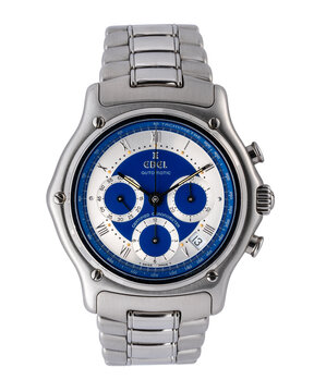 Ebel chronograph, modulor model, reference 9137241. Self-winding watch, steel case with two-tone dial. On white background. Milan. Italy_September 10_2024