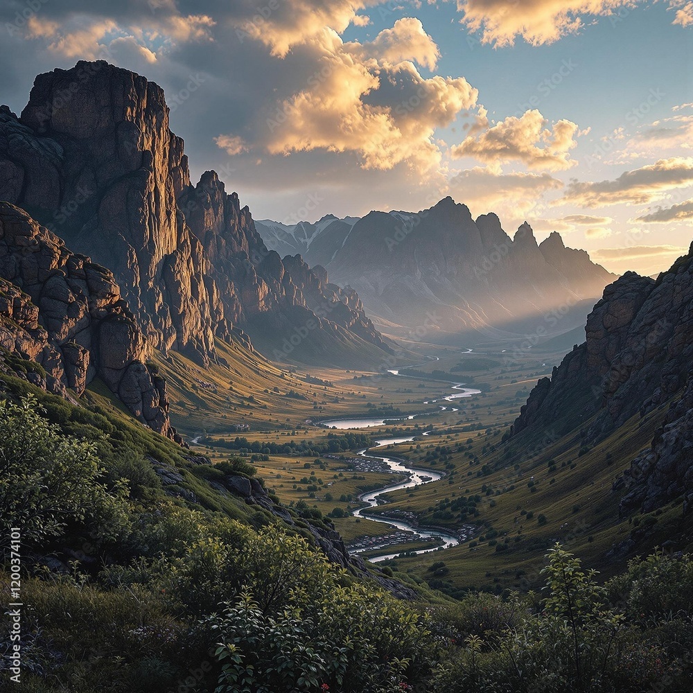 Aufkleber stunning mountainous landscape with a river flowing through a valley. the scene is bathed in warm su