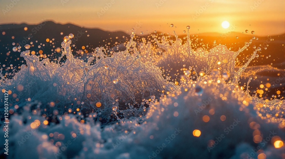 Poster stunning sunset with a mountain range in the background, and a large wave crashing at the forefront.