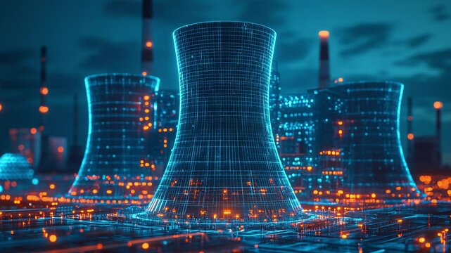 a nuclear power plant with glowing blue accents, highlighting energy production and technological wireframe elements.