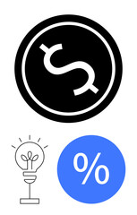 Stylized dollar sign in black circle, light bulb icon below, blue circle percentage symbol. Ideal for banking, finance, ideas, savings, economics investments and creativity. Abstract line flat