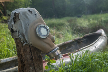 Soviet GP-5 gas mask abandoned on a pole