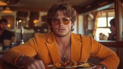 Trendy young man enjoys a meal in a stylish cafe with retro decor during brunch hours