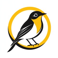 Fototapeta premium Minimalist illustration of a yellow and black bird perched inside a circular frame on a white background
