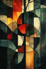 Fototapeta premium Abstract Geometric Stained Glass Art Featuring Vibrant Interplay of Colors and Shapes with Overlapping Circles and Rectangular Patterns