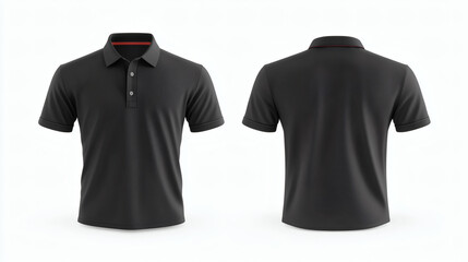 Black polo shirt mockup with red stripes, front and back view on white background