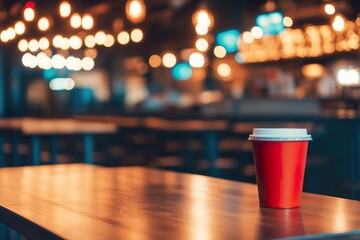 Coffee cup on wooden table in cozy, warmly lit cafe interior