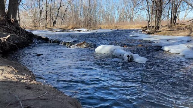 The Cache la Poudre River in winter with snow and ice