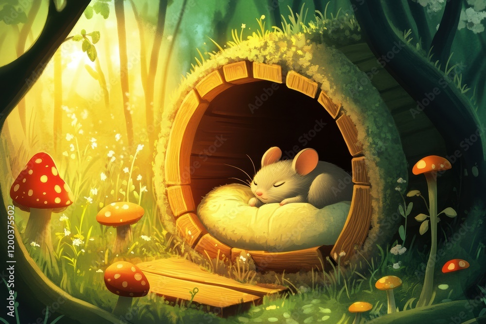 Poster Cozy mouse nest in a forest glade surrounded by vibrant fungi and soft sunlight at dawn. Generative AI