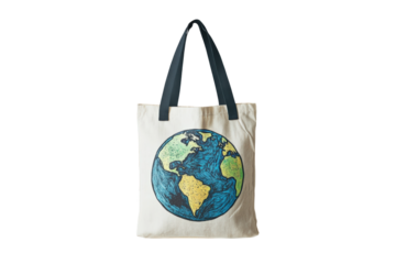 Eco-friendly tote bag featuring a colorful world map design for everyday use isolated on transparent background