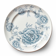 Blue Floral Dinner Plate Porcelain Top View White Background