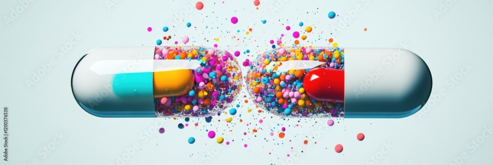 Fototapete colorful particles spill from split capsule creating a vibrant display of colors and textures. gener