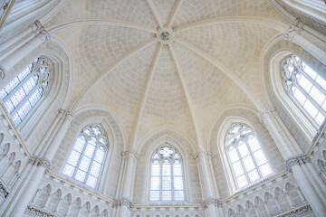 Fototapeta premium The striking interior of the Schwarzenberg Tomb showcases intricate architecture with high vaulted ceilings and stained glass windows in Domanin, Czechia. This historic site is a serene resting place.