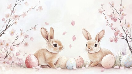 Obraz premium Whimsical spring scene with bunnies and easter eggs among cherry blossoms