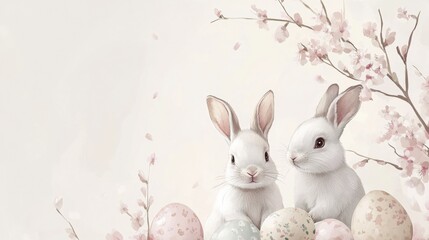 Fototapeta premium Adorable rabbits with cherry blossoms and painted easter eggs