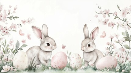 Obraz premium Easter bunnies with decorated eggs in a floral spring setting