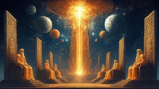 Sumerian gods together in a pantheon meeting