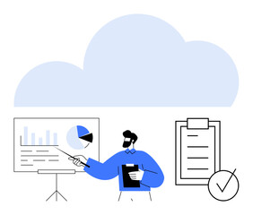 Data presentation with charts on stand, clipboard, checklist, and person holding documents. Ideal for analytics, cloud data, business strategy, presentations, teamwork productivity remote work
