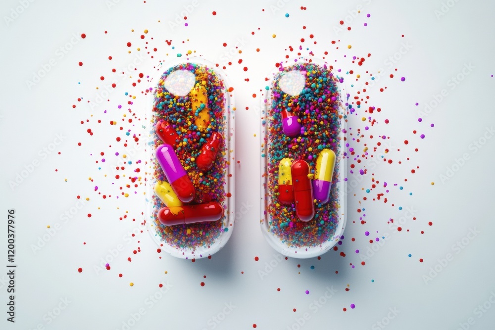 Poster colorful particles spill out from split capsules creating a vibrant display of assorted hues and sha