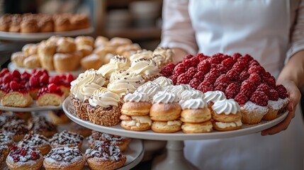 Fototapeta premium An assortment of pastries on a tiered stand, elegant display, delicious and varied, classic and detailed, bright and airy