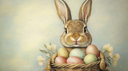 Obraz premium Easter bunny holding basket of colorful eggs and flowers