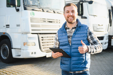 Happy confident male driver standing in front on his truck, using his tablet