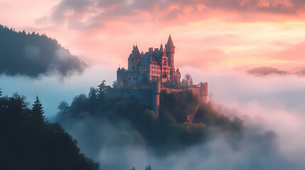Fototapeta premium Fog-covered castle on a misty hill perfect for fantasy and historical wallpapers with an eerie touch. Fantasy Castle Sunrise. Illustration