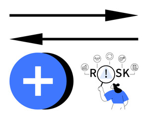 Magnifying glass on Risk with icons, blue plus sign symbolizing solutions, two directional black arrows. Ideal for business management, decision-making, risk assessment, strategy, solutions © robu_s