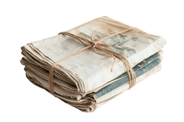 Collection of vintage newspapers tied with string, showcasing historical print media and nostalgia isolated on transparent background