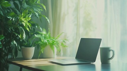 Fototapeta premium Modern floral workspace with laptop and coffee surrounded by lush green plants near window with natural light