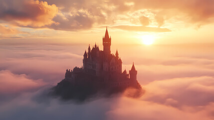Fototapeta premium Medieval castle emerging from fog at golden hour. Fantasy Castle Sunrise. Illustration