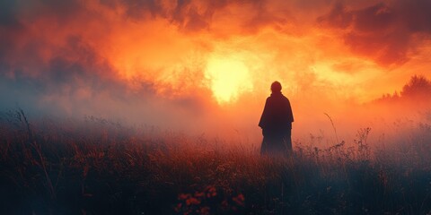 Silhouette of a Mysterious Figure Standing in a Misty Field During a Dramatic Sunset with Vibrant Orange and Red Sky
